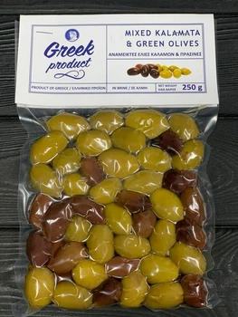 Оливки Greek Product ассорти каламата и зеленые с косточкой бочковые 250г