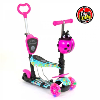 Детский трехколесный самокат Best Scooter 26901 Божья коровка 5 в 1 с сиденьем и родительской ручкой, с рисунком, Розовый с цветами на голубом фоне 2