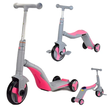 Детский трехколесный самокат-велобег-велосипед Best Scooter JT 90601 3 в 1 с музыкой и подсветкой, Серо-розовый