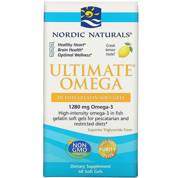 Омега-3 со вкусом лимона, Nordic Naturals, Ultimate Omega, 1280 мг, 60 мягких желатиновых капсул