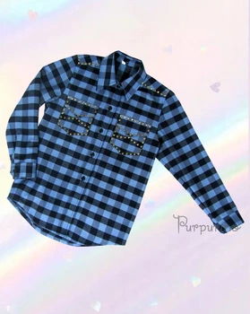 Рубашка в мелкую клетку Purpurino, 140 см, цвет голубой (5036)