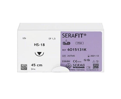 SERAFIT фарбований шовний матеріал 1 шт. (5/0 об.реж голка 12 мм, 3/8 кола, з довжиною нитки 45 см, Serag-wiessner, шовний матеріал), 8210-2224