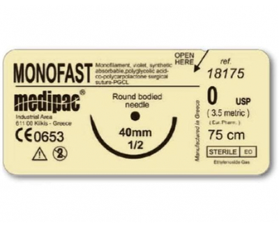 Шовний матеріал МОНОФАСТ (MONOFAST), що розсмоктується, монофіламентний, голка зворотно-ріжуча (4/0, голка 16 мм, 3/8, Medipac, шовний матеріал), 1310-1273