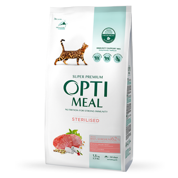 Сухий корм для кішок OPTIMEAL (Оптіміл) sterilised cats для стерилізованих кішок та кастрованих котів з яловичиною та сорго 1.5 кг.