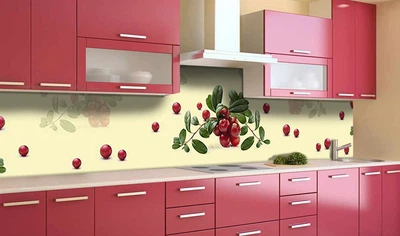 Кухонный фартук на стену Клюква (наклейка для кухни ПВХ пленка скинали) красные Ягоды Бежевый 60х200 см