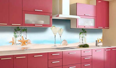 Кухонный фартук на стену Коктейль на пляже (наклейка для кухни ПВХ пленка скинали) песок море Напитки Голубой 60х200 см