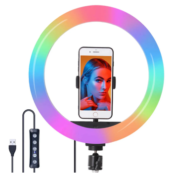 Светодиодная кольцевая LED лампа RGB MJ33 с пультом и штативом 33 см белый/черный