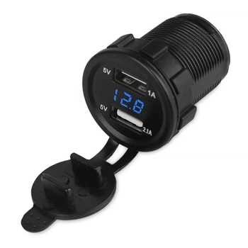 Автомобильное зарядное устройство два порта USB 12-24V врезная розетка, с Вольтметром синяя подсветка Autoexpect (80040)