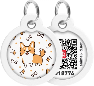 Адресник для собак и котов металлический WAUDOG Smart ID c QR паспортом "Корги", круг, Д 30 мм (230-0212Collar)