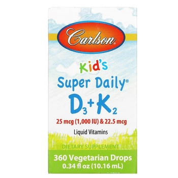 Витамин D3+K2 для детей, 25 мкг (1000 МЕ) и 22,5 мкг, Carlson Labs, Super Daily, 10,16 мл