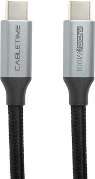 Кабель PowerPlant USB3.1, USB-C - USB-C, 10 Гбіт/с, 100W, 20V/ 5A, 4K/ 60 Гц, 1 м Black/Grey (CA913312)