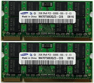 Оперативная память Samsung SoDimm 4Gb (2*2Gb) DDR2 667MHz PC2-5300 CL5 (M470T5663QZ3-CE6) Б\у