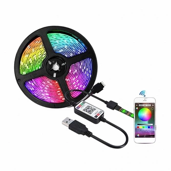 Світлодіодна LED стрічка 5 м з пультом і блоком живлення, Світлодіодна LED стрічка RGB 5050 з Bluetooth додатком. комплект 5 метрів водостійка від USB