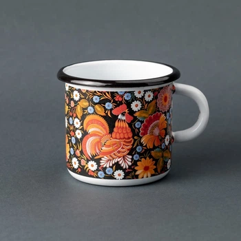 Кружка эмалированная Enamel mug с принтом Петриковская роспись. Петушок белая 400 мл