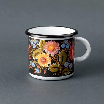 Кружка емальована Enamel mug з принтом Петриківський розпис. Квіти біла 400 мл