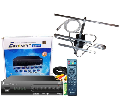 Комплект Т2 СТАНДАРТ КОМПЛЕКТ PLUS (ТВ-тюнер Eurosky ES-17 DVB-T2 Metall+INTERNET с функцией записи и просмотра интернет-каналов,IPTV,YouTube + Антенна для Т2 Комнатная с TV-кабелем Формагиб)