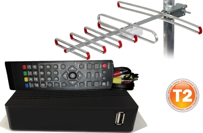Комплект Т2 (ТВ-тюнер DVB-T2 + антенна внешняя Super 4 (прием сигнала до 30 км от ретранслятора)) Тд
