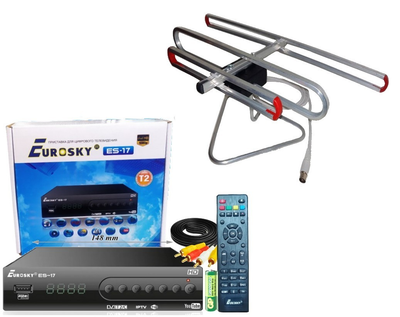 Комплект Т2 УЛУЧШЕННЫЙ КОМПЛЕКТ PLUS (ТВ-тюнер Eurosky ES-17 DVB-T2 Metall+INTERNET с функцией записи и просмотра интернет-каналов,IPTV,YouTube + антенна для Т2 Улучшенная комнатная с TV-кабелем Формагиб)