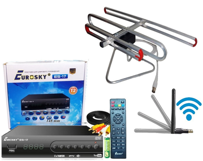 Комплект Т2 Улучшенный с тюнером Eurosky ES-17 и WiFi-адаптером (ТВ-тюнер Eurosky ES-17 DVB-T2 + антенна для Т2 Улучшенная комнатная с TV-кабелем Формагиб+ WiFi-адаптер)
