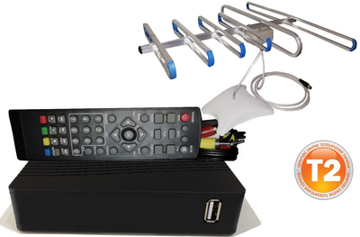 Комплект Т2 (ТВ-тюнер DVB-T2 + SUPERAнтенна для Т2 комнатная с TV-кабелем) Тд