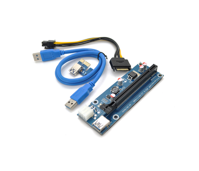 Riser PCI-EX, x1-x16, 6-pin SATA-6 pin, USB 3.0 AM-AM 0,6 м (синій) , конденсатори HS06 - 270, Пакет