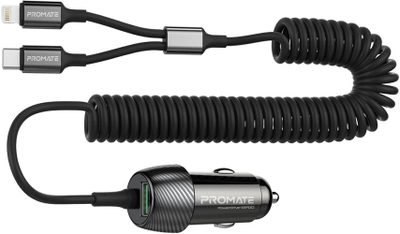 Автомобильное зарядное устройство Promate PowerDrive-33PDCi, 33 Вт, USB-C и Lightning кабели + USB-A порт Black (powerdrive-33pdci.black)