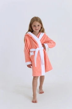 Махровый детский халат IDEAL TEXTILE с капюшоном, 380 г/м2 персиковый+белый на 5 лет (116 – 122 см)
