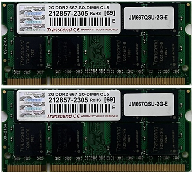 Оперативная память Transcend SoDimm 4Gb (2*2Gb) DDR2 667MHz PC2 5300 CL5 212857-2305 Б\у