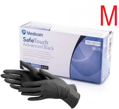 Перчатки плотные нитриловые неопудренные чёрные, размер M (100 шт/уп) Medicom 5г.