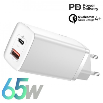 Блок живлення Baseus GaN Quick Charger 65W (Type-С+USB) для MacBook/Asus/Lenovo/HP/Google/Huawei/Samsung white