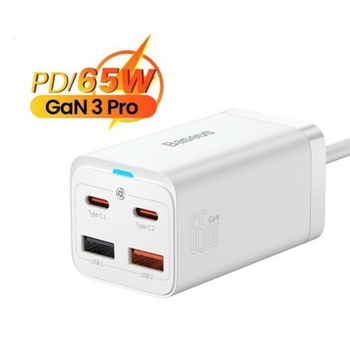 Блок живлення Baseus GaN3 Pro 65W (2xUSB, 2xType-C) Quick Сharge для MacBook/Asus/Lenovo/HP/Google/Huawei/Samsung + кабель USB-C 100W white