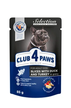 Влажный корм Club 4 Paws Selection для взрослых собак Всех пород с Уткой и Индейкой кусочки в соусе Премиум 85 г