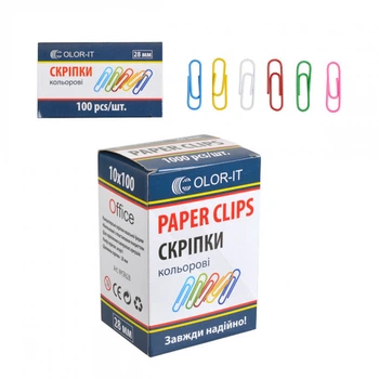 Скрепки цветные металлические круглые 28мм 100шт/уп арт.CR628