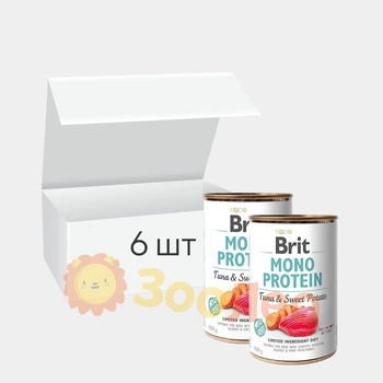 Упаковка вологого корму для собак Brit Mono Protein Dog, з тунцем та бататом, 400 г (6 шт)