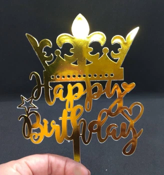 Топпер пластиковый для торта золото с надписью Happy birthday корона