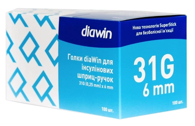 Голки Diawin для інсулінових шприц-ручок 31G (0.25 мм) х 6mm (100 шт)