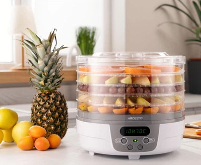 Сушарка для овочів та фруктів м'яса риби електрична ARDESTO FDB-5321T потужність 250 Вт 5 лотків дисплей таймер функція рівномірного сушіння біла