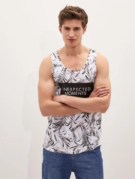 Мужская майка LC Waikiki с серо-черным лиственным принтом S Белая (LCW T-shirt -7214)