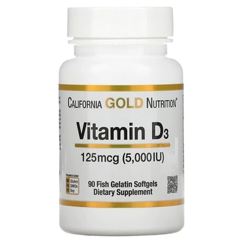 Вітамін D3, California Gold Nutrition, 125 мкг (5000 МО), 90 капсул з риб'ячого желатину