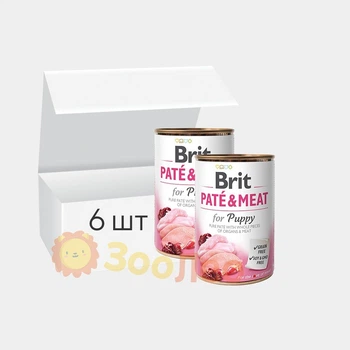 Упаковка вологого корму для цуценят Brit Paté and Meat Puppy, з куркою та індичкою, 400 г (6 шт)