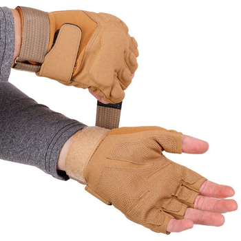 Плотные тактические перчатки армейские с открытыми пальцами на липучке для рыбалки охоты PRO TACTICAL хаки АН8811 размер М