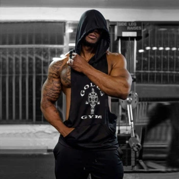 Майка мужская безрукавка с капюшоном "Gold's Gym" черная Oversize L