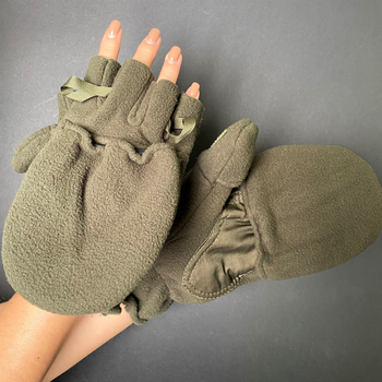 Теплые флисовые перчатки-варежки зимние тактические без пальцев с откидным верхом Zepma Оливковый (п-фл1)