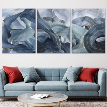 Модульная картина Холстович Golden Blue Abstract 90х40 см. Картина с абстракцией для гостиной, спальни, кухни, офиса, интерьера