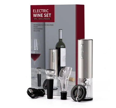 Подарунковий набір для вина 4 в 1 Zally ProWine PV2 Silver Акумуляторний електроштопор з різаком, аератор і вакуумний корок