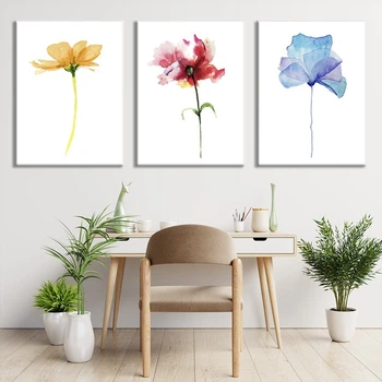 Модульна картина Холстович Watercolor flowers 225х100 см. Картина в стилі мінімалізм Акварельні квіти у вітальню, спальню, кухню, офіс, інтер'єрна