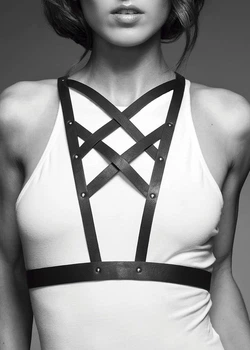 Портупея з екошкіри Bijoux Indiscrets Maze – Cross Cleavage Harness Black Чорно-золота One size