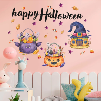 Вінілові наклейки декор Happy Halloween (котелки цукерки гарбуза чудовиська Хелловін) глянець набір 970х575мм