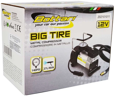 Kompresor samochodowy z manometrem Bottari BIG TIRE B12V-140 PSI 12A (8052194240610)