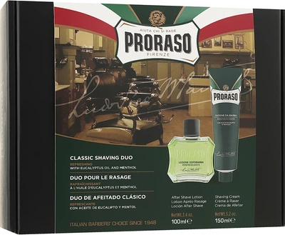 Набір для гоління з ментолом і евкаліптом - Proraso Green Classic Shaving Duo (sh/cr/150ml + ash/lot/100ml) (998153-50125)